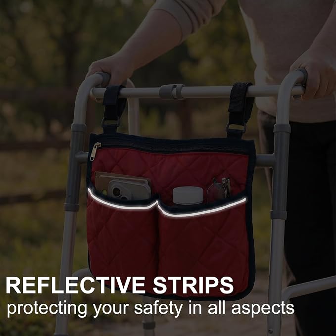 Walker Bag for Folding Walker Walker Basket with Reflective Safety Strips Foldable Wheelchair Storage Bag with 2 Adjustable Straps for Night Visibility Seniors Elderly (Claret)