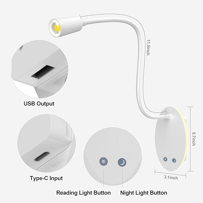 Rechargeable Cordless Reading Light, 360° Adjustable Bedside Lamp, 3 Color Stepless Dimming Night Light, 40H Runtime with Eye-Care, Memory Function, USB Output, Wall-Mounted & Detachable(1pc)