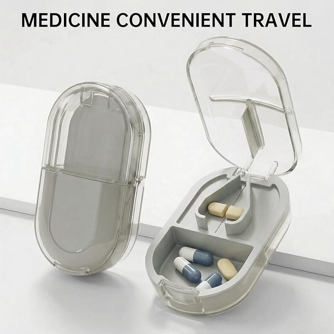 Pill Cutter Splitter for Small or Large Pills, Portable Pill Splitter with Hidden Professional Organizer and Brush, Tablet Cutter Medicine Slicer, Coupe Pilule for Tablets and Vitamins(Gray)
