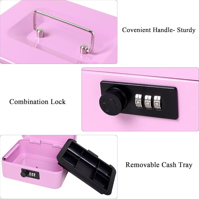 Jssmst Medium Cash Box with Combination Lock - Durable Metal Cash Box with Money Tray Light Purple,7.87 x 6.3 x 3.35 inches