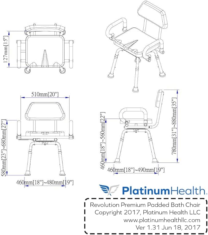 Revolution Pivoting Shower Chair for Bathtub, Adjustable Swivel Seat with Padded Back and Arms, Adjustable Space Saving Design for Tubs, Shower, for Elderly, Handicap & Seniors, Blue