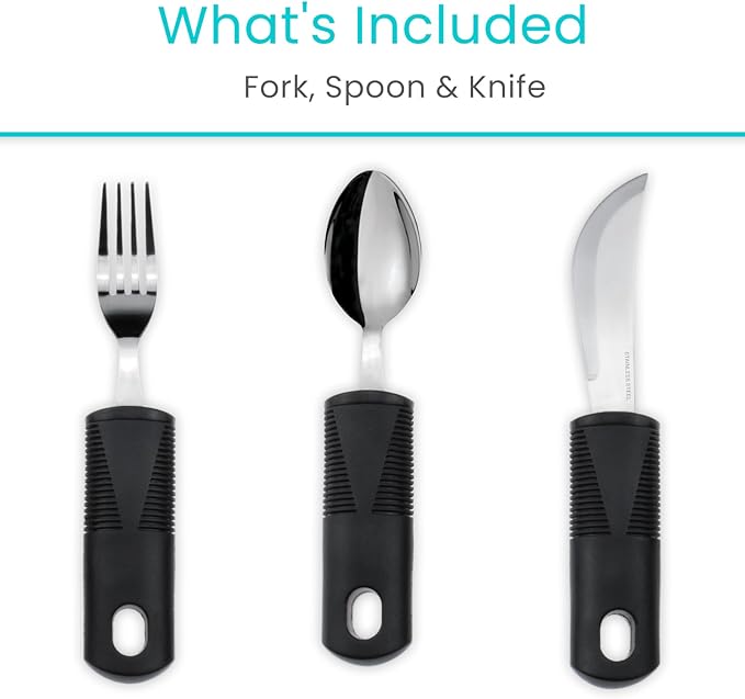 Vive Adaptive Utensil Set - Arthritis Aid Silverware for Parkinsons, Hand Tremors - Easy Grip for Shaking and Trembling Hands - Heavy Stainless Steel Spoon (Regular)