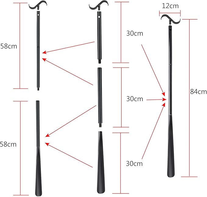 35" Long Dressing Stick with Shoe Horn with Sock Removal Tool, Adjustable Extended Dressing Aids for Shoes, Socks, Shirts and Pants