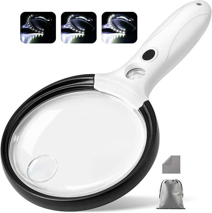 Large Magnifying Glass with Light, 10X 25X 45X Handheld Illuminated Magnifier with 3 Light Modes, 12 LED Lights, Storage Bag, Clean Cloth for Seniors Reading Coins Inspection (Black, Round)