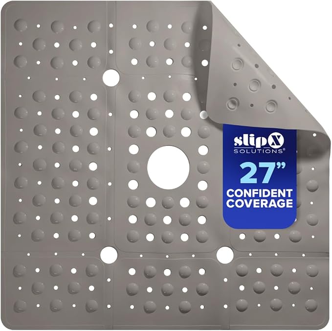 SlipX Solutions 27" Oversize Square Shower Mat, Non-Slip Mat for Elderly & Kids, 100+ Power Grip Suction Cups for Smooth Surfaces, Machine Washable, Solid Tan