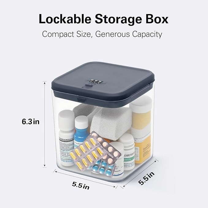 Medication Lock Box, Small Lock Box, Childproof Medicine Lockbox, Lockable Storage Box for Pill Organizer/Medicine Safe/Phone/Refrigerator/Personal Items/Dorm, 5.6’’x 5.6’’x 6.3’’