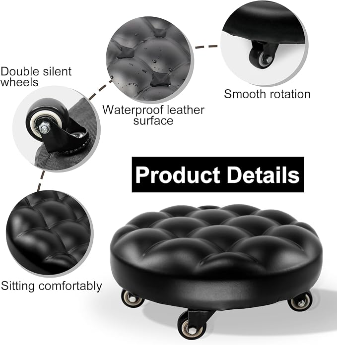 CNQLIS Low Rolling Stool with 360°Swivel Wheels, Pu Leather Low Roller Seat Chair, Movable Mini Stool for Home Office Garage Shop Fitness Sport