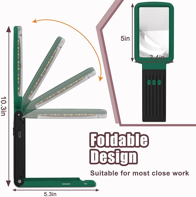 10X Magnifying Glass with Light and Stand, Real Glass Lens, Rechargeable Foldable Handheld Magnifier, 3 Color Modes Dimmable Lighted Page Magnifier for Reading Fine Prints, Seniors, Green Black