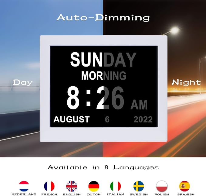 Day Date Time Clock for Seniors Elderly Digital Calendar Dementia Impaired Vision Memory Loss Clock with 3 Medication Reminders + 5 Custom Reminders(White,8-inch)