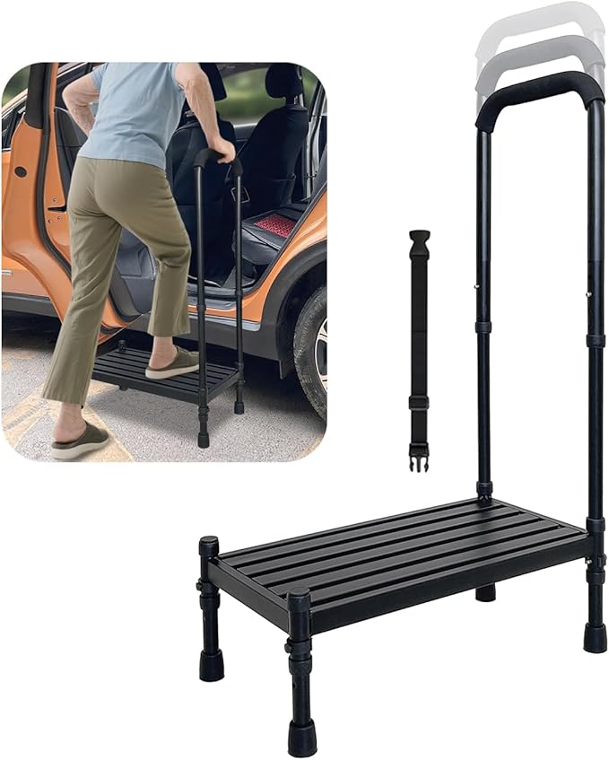 Car Step Stool with Handle for Elderly, Medical Handicap Step Stools with Handrail, Seniors Bed Steps for High Beds, Heavy Duty Metal Stepping Stool with Safety Step Platform, Vehicle Step Up Assist