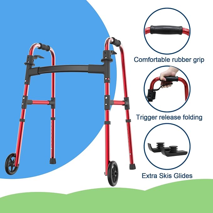 Loyoda Folding Walker for Seniors, Aluminum Front Wheel Walker, Ski Glides | 5" Front Wheels, Height Adjustable, Trigger Release Folding, Lightweight Standard Walker for Limited Mobility, Red