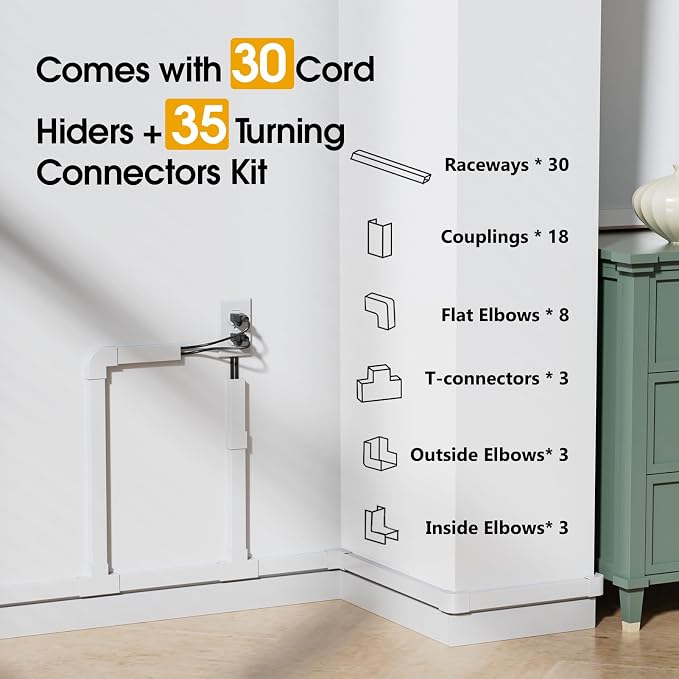 425in TV Cord Hider Wall, Cord Covers for 2-3 Wires on Wall, Easier Set-up Cable Hider Wire Covers for Cords on Wall, Paintable Cable Cover Management to Hide TV Wires, W0.95 H0.55in, White