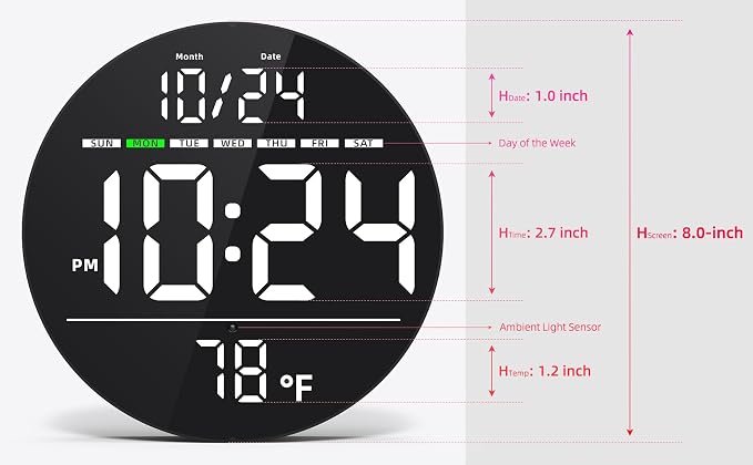 Digital Wall Clock with Large LED Display, Date, Temperature, Auto-Brightness | Small [PLUG-IN] Clock | Modern Electric Wall Clock for Bedroom, Classroom, Living Room, Home, Office, Farmhouse – White