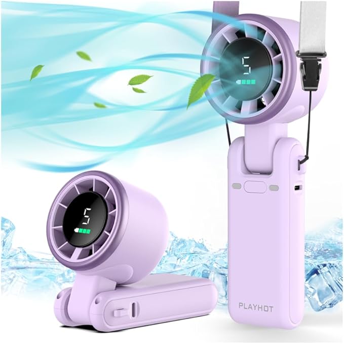 PlayHot Portable Handheld Turbo Fan, Travel Essentials, Gifts for Women/Men | 5-Speed, Up to 12H, 10m/s Airflow, USB-C Rechargeable, LED Display, 3-in-1 Foldable Personal Fan for Cruise, Beach, Vacation
