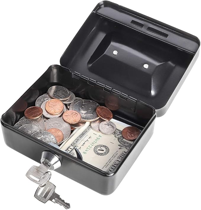 Jssmst X-Small Cash Box with Lock - Money Saving Box for Cash Coins, Small Lock Box for Medication Personal Items, 4.92'' x 3.94'' x 2.28'', Black