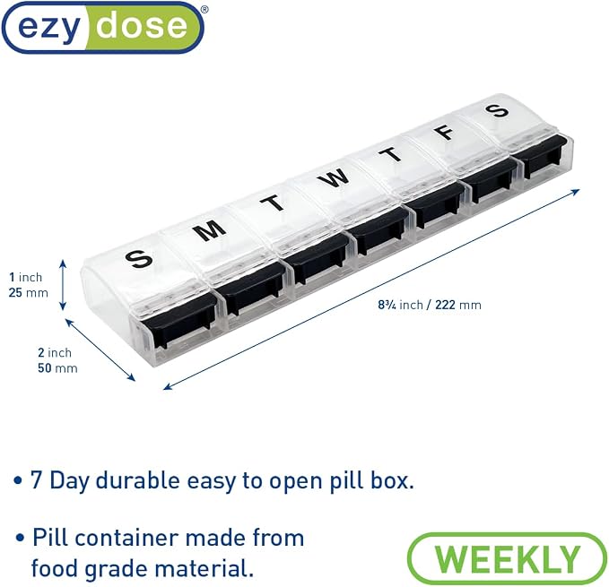 EZY DOSE Weekly (7-Day) AM/PM Daily Pill Organizer, Vitamin Case, and Medicine Container, X-Large Compartments, Arthritis Friendly, Convenient with Effortless Portability, Clear/Black Lids, BPA Free