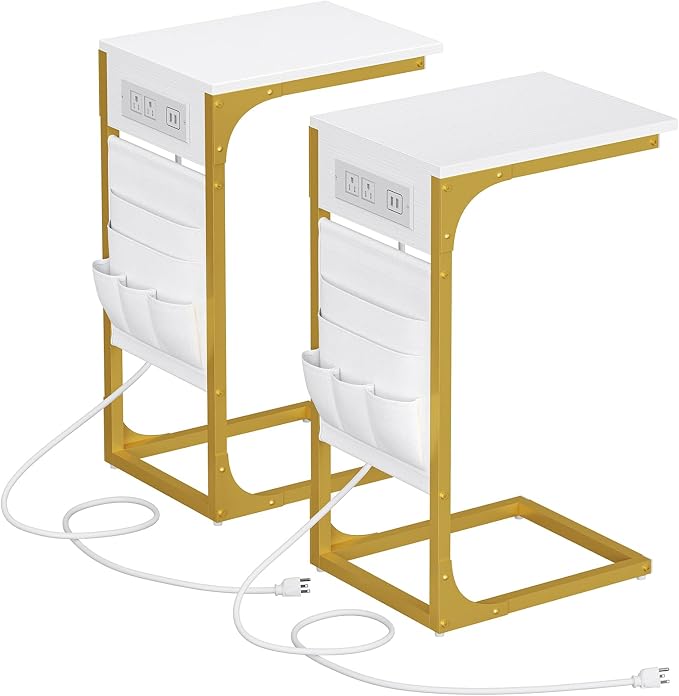 TUTOTAK C Shaped End Table with Charging Station, Side Table for Sofa | Couch Table with Storage Bag, TV Tray with 2 USB Ports and Outlets, Set of 2, Living Room and Bedroom, TB01BWG0242