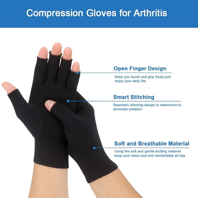 2-Pair Arthritis Compression Gloves for Alleviate Rheumatoid Osteoarthritis, Carpal Tunnel Raynauds Disease, Fingerless Design Breathable & Moisture, Women and Men (Black, Large)