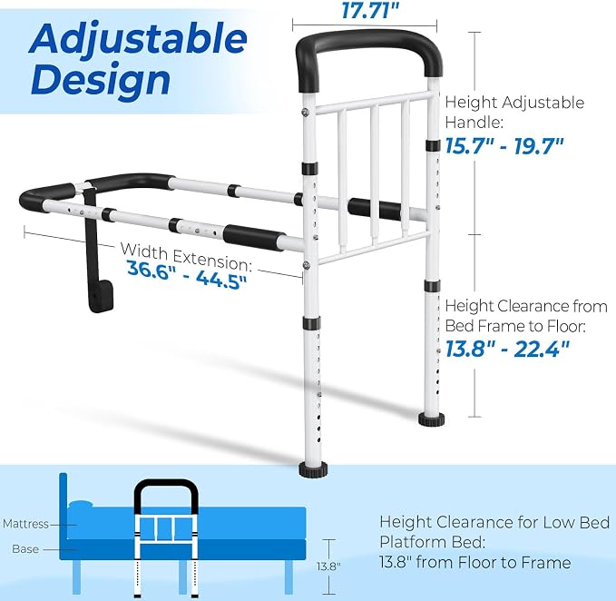 Bed Rails for Elderly Adults Safety - ASTM Approved Adjustable Bed Cane with Non-Slip Ergonomic Handle & Storage Pocket, 400 LBS Stable Bed Assist Rails for Seniors, Tool-Free