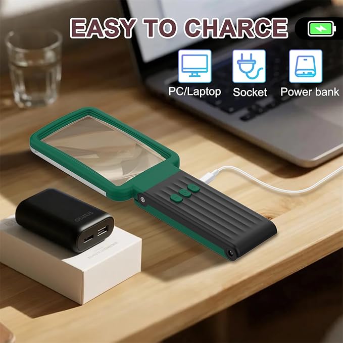 10X Magnifying Glass with Light and Stand, Real Glass Lens, Rechargeable Foldable Handheld Magnifier, 3 Color Modes Dimmable Lighted Page Magnifier for Reading Fine Prints, Seniors, Green Black