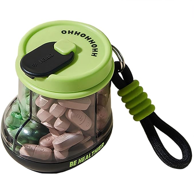 MURRI&MURRDI Portable Pill Bottle Organizer, Lovely Pill Dispenser with 4 Compartments, Travel Pill Organizer with Anti-Mixing & Wide Openings Design, Small Pill Container Cute Pill Bottle (B Green)
