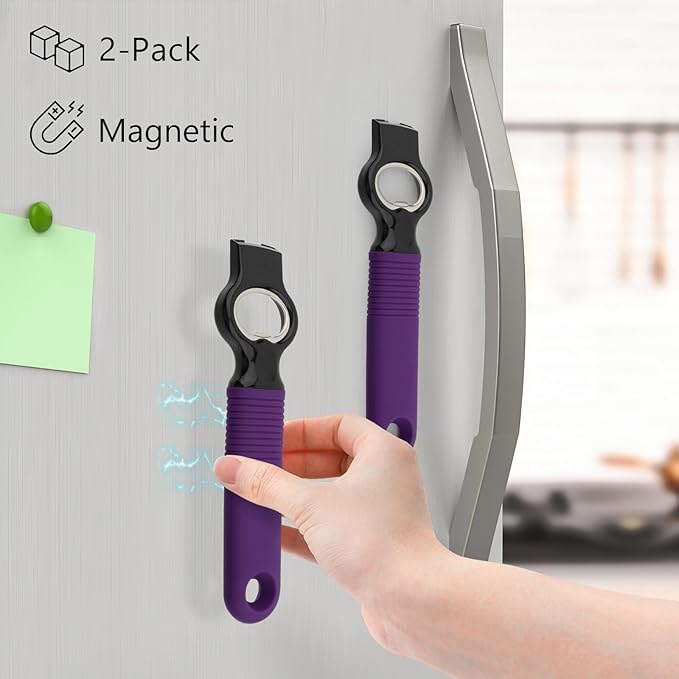 2-Pack Magnetic Beer Bottle Opener & Soda Can Opener, 2-in-1 Bottle Opener and Can Tab Opener Tool for Bartender, Long Nails, Arthritis, Silicone Handle with Build in Magnet - Dark Purple