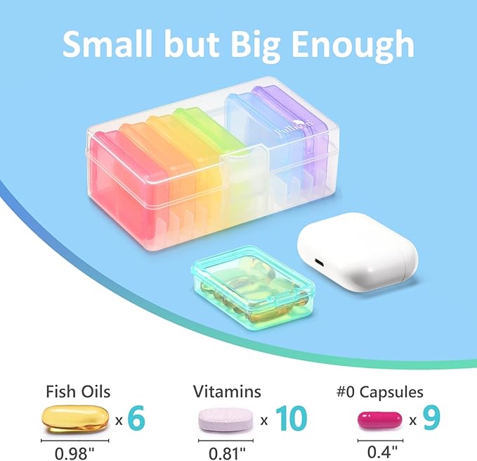 Fullicon Small Pill Case for Purse, Travel Medicine Pill Organizer, Weekly 7 Day Daily Pill Box, Pocket Pharmacy Pill Container Dispenser Holder with Labels (Clear Rainbow)