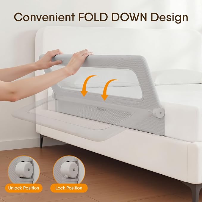 Bed Rail for Toddlers, 59 Inch Foldable Baby Guard | 59 in foldable toddler rail with reinforced anchors, no-gap mattress fit, double lock, washable fabric for King|Queen