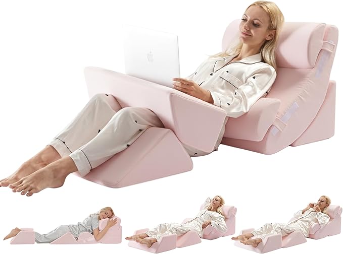 6PCS Multi-Functional Bed Wedge Pillow Kit - 7-in-1 Orthopedic Support for Back/Neck/Legs, Post Surgery Recovery & Sitting Up in Bed, Post Surgery Foam for Body, Pink