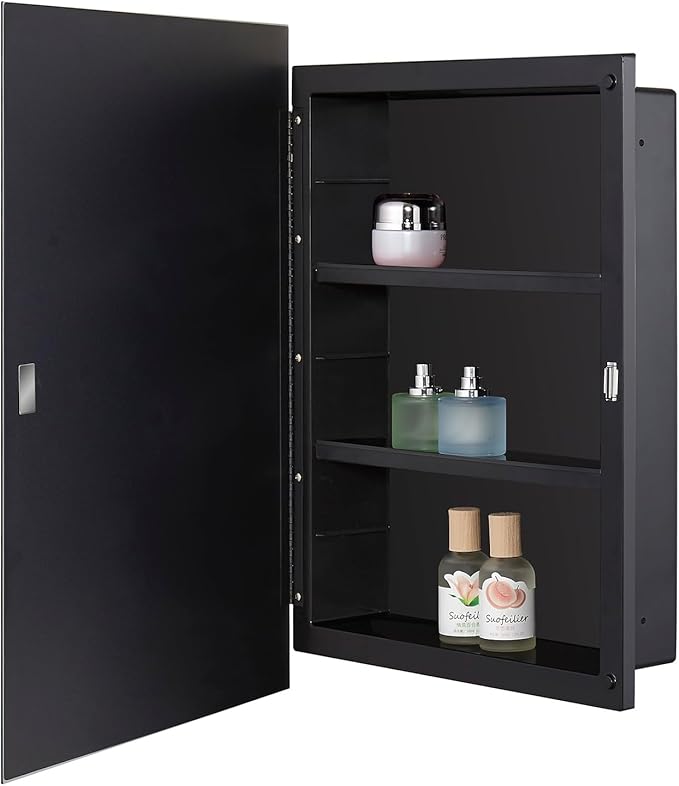Black Plastic Bathroom Medicine Mirror Cabinet 16 x 22 inch, Surface and Recessed Mount, Beveled Edge Mirror
