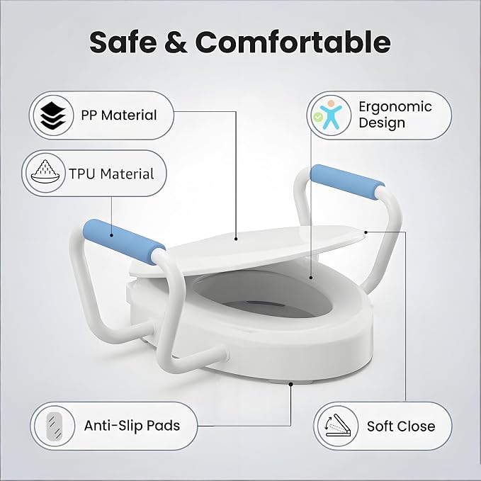 Raised Toilet Seat with Armrest, Round 16.5inch | Height 2.91inch, Soft Close, Quick-Release, Triple Anti-Slip Pad, Urine Splash Guard, Safe and Durable