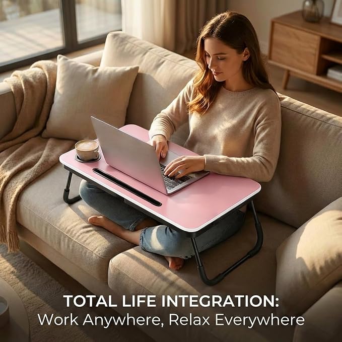 BUYIFY 23.4" Foldable Lap Desk Bed Table with Cup Holder Portable Tray | Folds Flat for Easy Storage, No Assembly Laptop Bed Desk, Sturdy and Lightweight, Patent Design,Pink