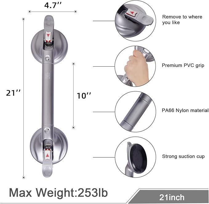 21inch Upgrade Suction Shower Grab Bar, Portable Shower Handle Bar Suction Grip Bar Bathtub Handle with Strong Hold Suction Cup Fitting and Rapid Release for Bathroom(Max Capacity :300lb