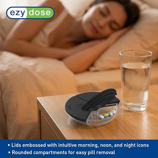 Ezy Dose Weekly (7-Day) Daily Pill Case, Medicine Planner, Vitamin Organizer Container, Compact Round Containers with Flexible Lids and Removable Compartments, 3 Times a Day, Soft Black, BPA Free