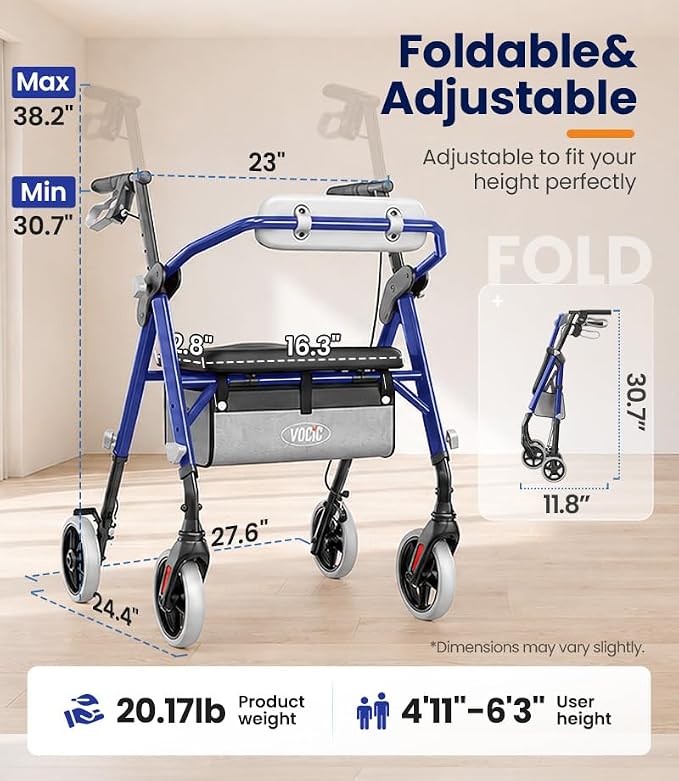 VOCIC Z11 Rollator Walkers for Seniors with Seat, 500 LBS Load, Ultra Wide | High-capacity support, 23" wide frame, ergonomic seat, dual brakes, and slim fold for home, shopping & daily walks, Blue