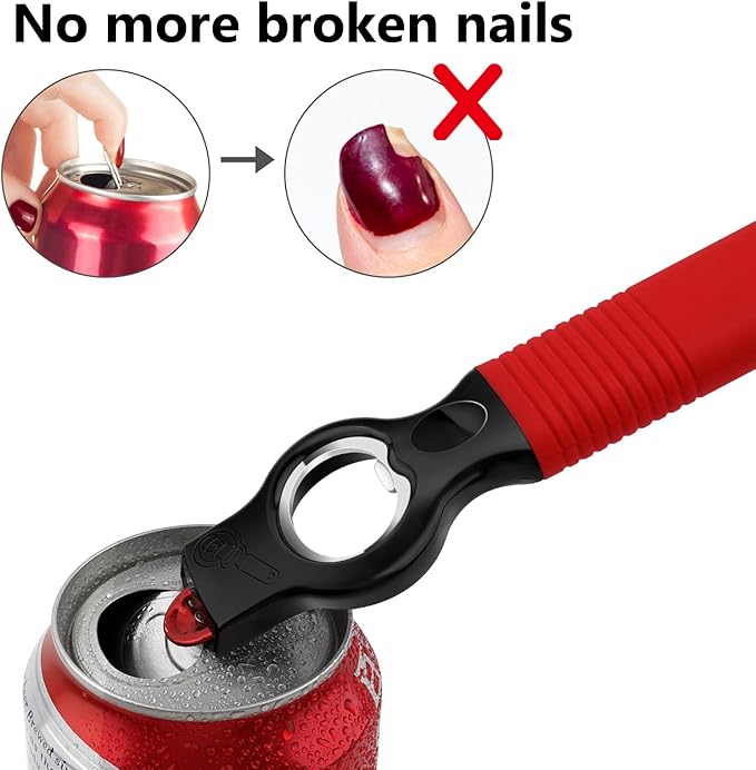 2-Pack Magnetic Beer Bottle Opener & Soda Can Opener, 2-in-1 Bottle Opener and Can Tab Opener Tool for Bartender, Long Nails, Arthritis, Seniors, Silicone Handle with Build in Magnet - Red