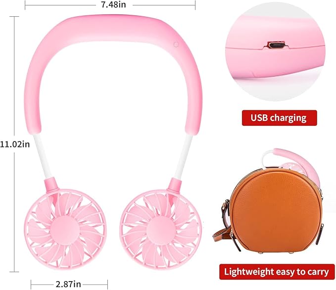 JUANANIUG Portable Neck Fan Rechargeable Personal HandFree Fan Mini USB Wearable Neckband Sport Fan 3 Speed Adjustable 360 Degrees Rotation Perfect for Working Traveling Office Reading (Pink)