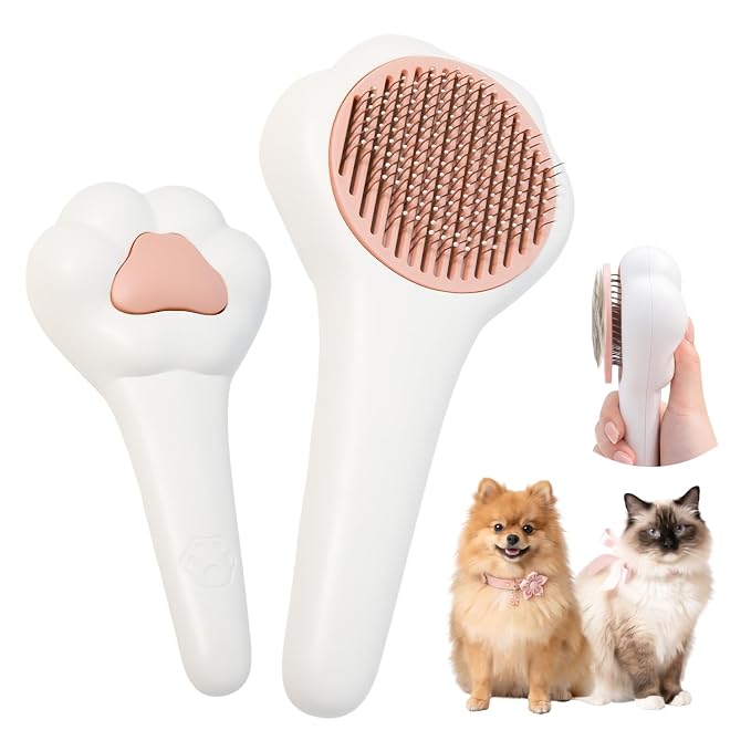 Self-Cleaning Pet Grooming Brush – Smooth Grooming Brush for Dogs and Cats, Easy Hair Removal with the Push of a Button, Gentle Shedding Remover for Small Pets (Cat Paw)