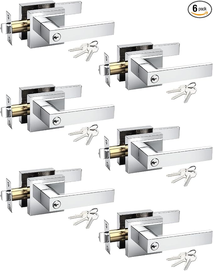 KNOBWELL 6 Pack Square Door Handle with Lock and Key, Polished Chrome Keyed Alike Door Leverset Front Doorknob