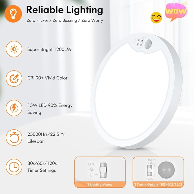 7 Inch Motion Sensor Ceiling Light Wired for Closet, Hallway | 2700K/4000K/6500K Adjustable, Non-Dimmable Motion Sensor Light Indoor for Laundry, Garage, Stairs, with Timer, 15W 1500LM