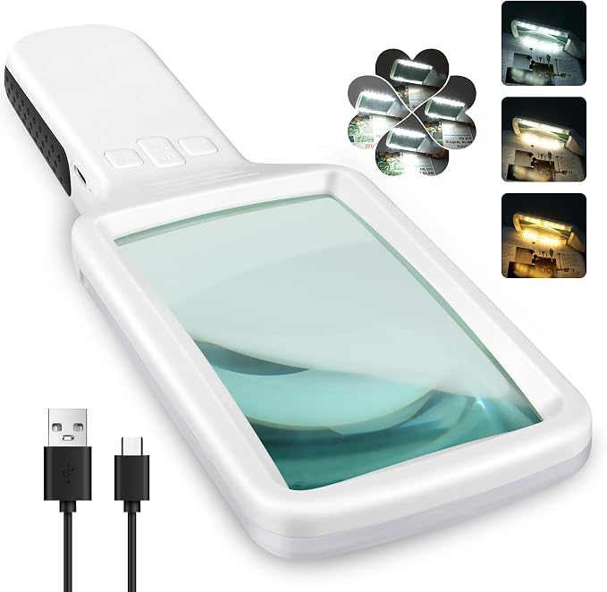 15X Rechargeable Magnifying Glass with Light, Real Glass Page Lens, 3 Color Modes Stepless Dimmable, Lighted Handheld Magnifier for Reading Small Prints, Seniors with Low Vision - White
