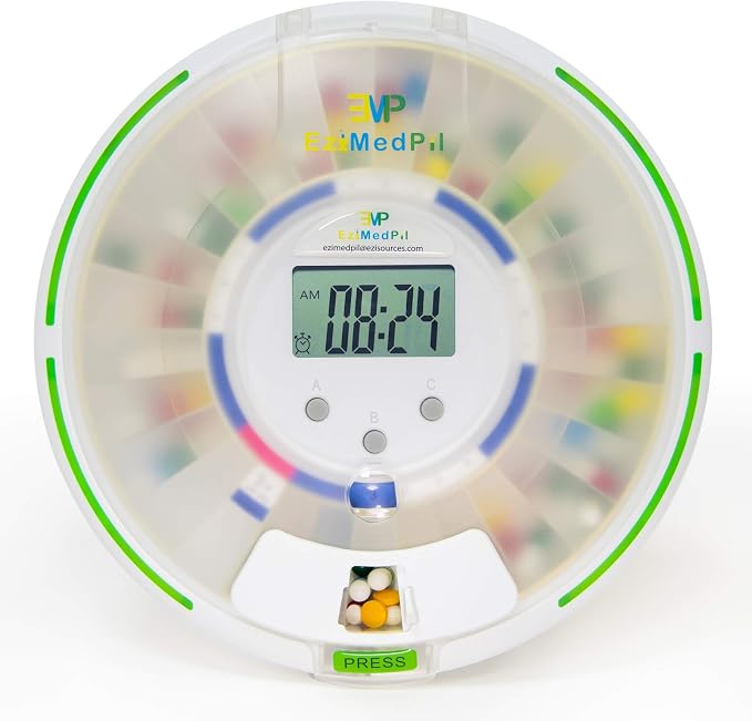 EziMedPil 28-Day Locked Automatic Pill Dispenser with Frosted Privacy Lid | Sound-Light Reminder, 6 Daily Alarms & Dosage Rings, LCD Display & Built-in Magnifier for Dementia & Chronic Disease Seniors