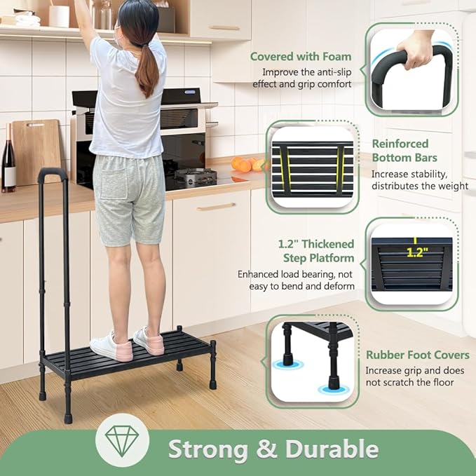 Bed Steps for High Beds Adults Medical Bedside Step Stool with Handle for Elderly Heavy Duty Metal Step Stool Handicap to Get in Bed Wide Foot Stool Safety Stepping Stool for Truck SUV Car