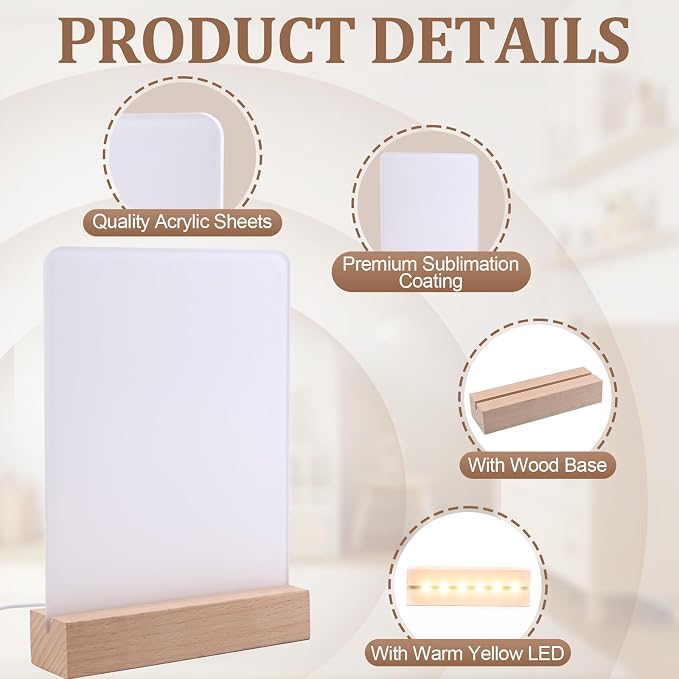 2 Pack 6" x 8" Sublimation led Acrylic Photo Frames Night Lights Blanks Heart Shape,with Warm Color Light with Wood Stand for Heat Press Machine Printing