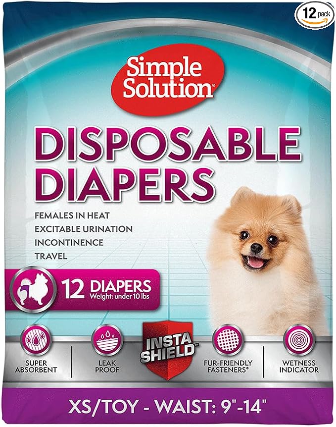 Simple Solution Female Dog Diapers, Disposable Dog Diapers, XS/Toy, 12 Ct | Dog in Heat, Potty Training, Incontinence Support, Leak Proof, Puppy Training, Disposable Protection, Secure Fit, 9-14 Inch