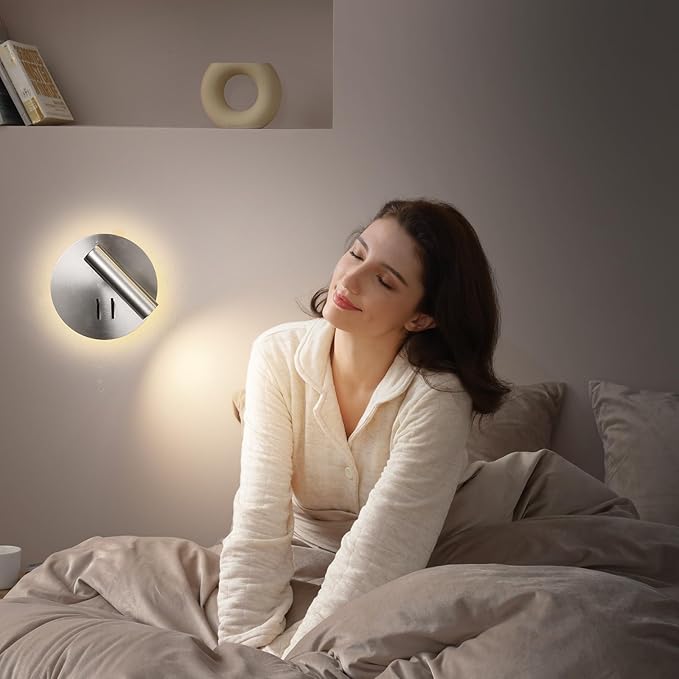 Round Wall Mount Reading Light for Bed Bedside, Modern Hardwired Sconce with on off Switch for Bedroom, Brushed Nickel Wall Sconce Mounted Beside Reading Lamp, Decorative Wall Night light (Silver)