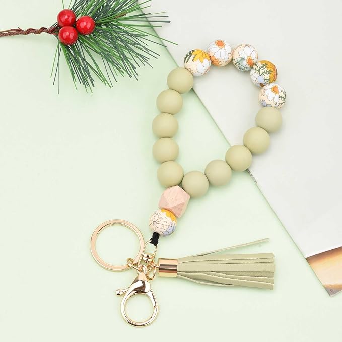 BAOSIWA Silicone Key Ring Bracelet Wristlet Keychain Unique Beaded Bangle Key Chains for Women with Leather Tassel