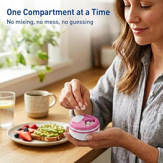 EZY DOSE Mini Pill Organizer, 4-Compartment Vitamin & Medication Case with Screw-Top Secure Seal + Sliding Dispenser, Compact Bottle-Replacement for Purse, Work, Cruise & Travel, Small, White/Pink