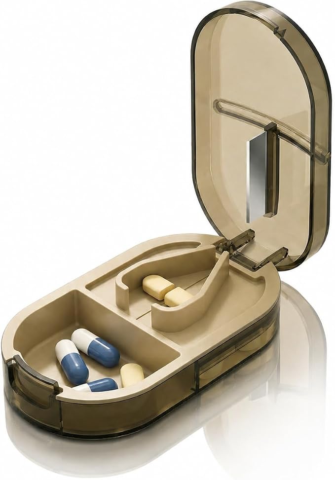 Pill Cutter Splitter for Small or Large Pills, Portable Pill Splitter with Hidden Professional Organizer and Brush, Tablet Cutter Medicine Slicer, Coupe Pilule for Tablets and Vitamins(Brown)