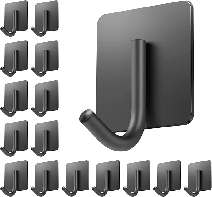 xdgeLoad Adhesive Hooks, 16 Pack Towel Hooks Wall Hooks for Hanging, Stick on Hooks, Adhesive Towel Hooks for Bathroom Door Hanger Kitchen Closet Cabinet Stainless Steel Matte Dark Gray